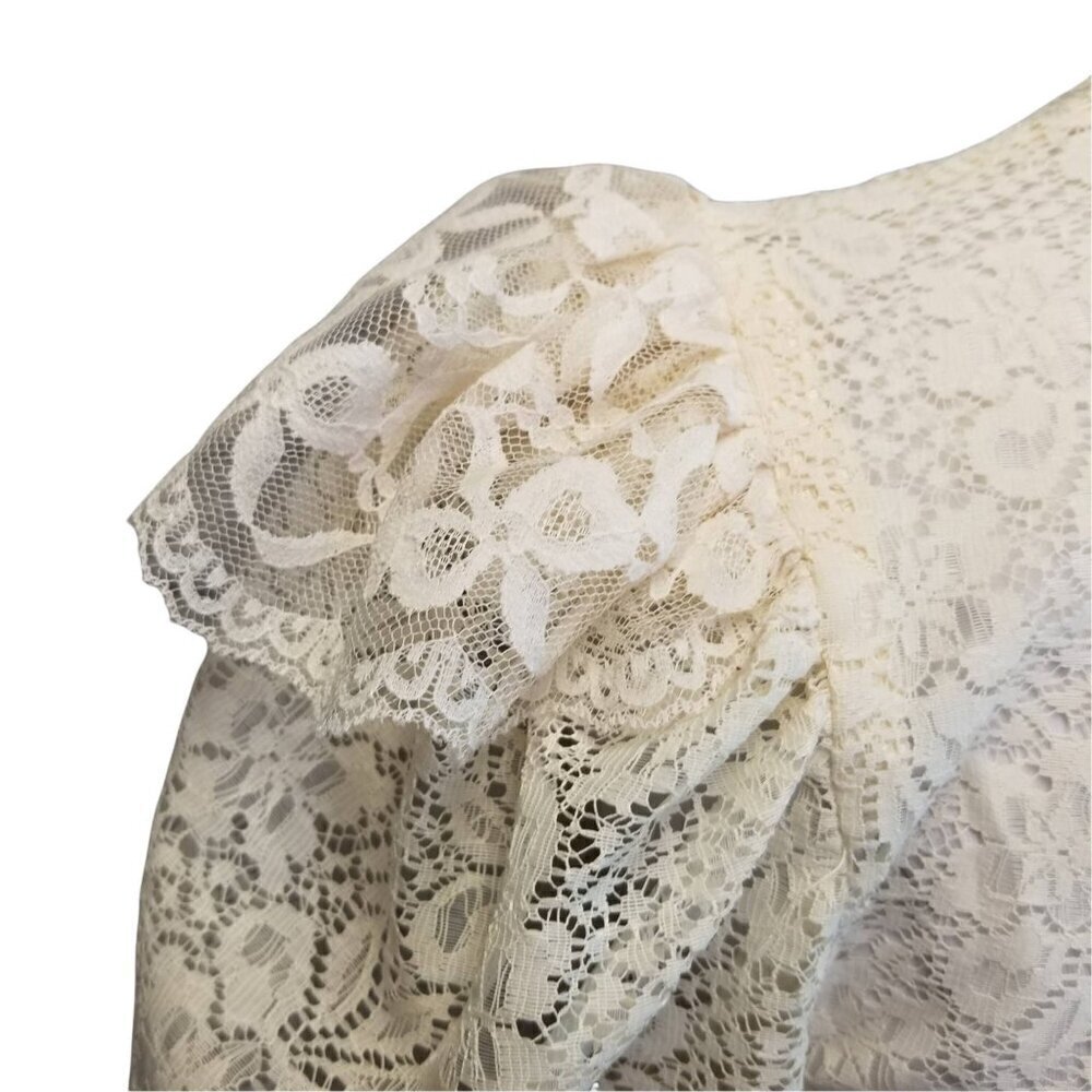 Vtg 70s does victorian ivory lace sheer ruffle puffy sleeve button back blouse - Picture 9 of 12